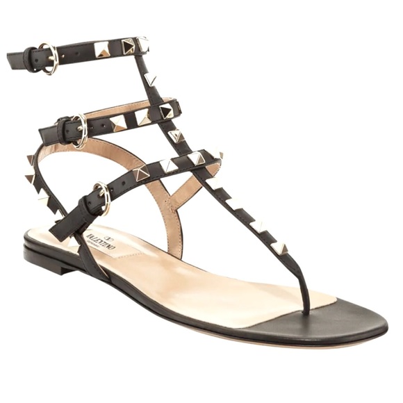 Valentino Garavani Shoes - VALENTINO GARAVANI ROCKSTUD BLACK FLAT THONG SANDALS.